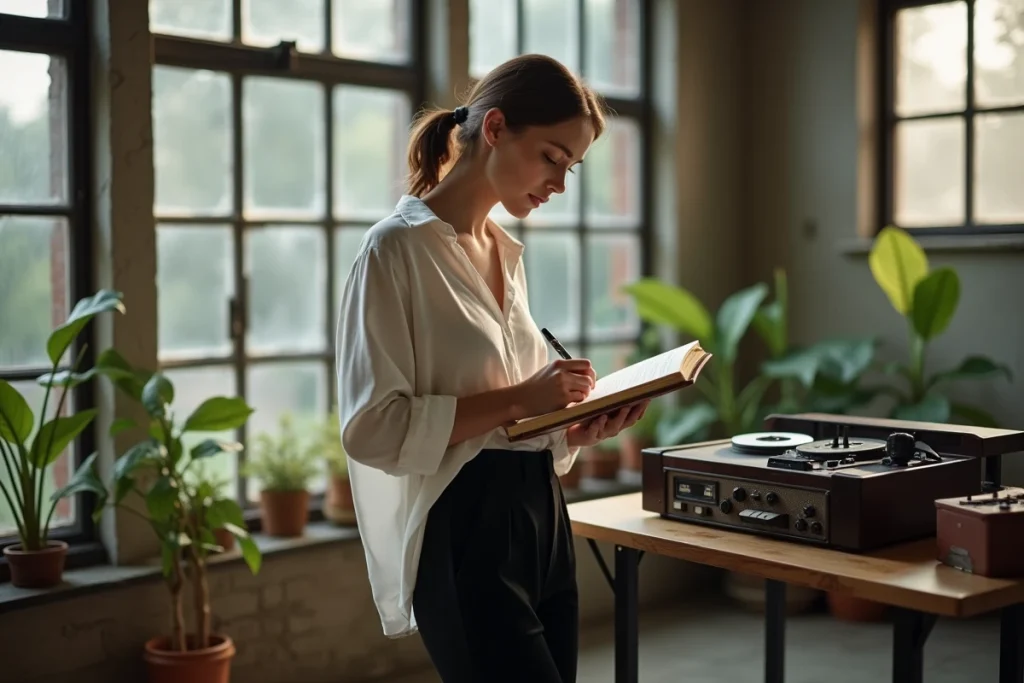 Musicien non-binaire écrivant des paroles dans un carnet dans un espace de travail industriel converti, capturant l'instant solitaire et introspectif de la création musicale chez Hyphen Hyphen