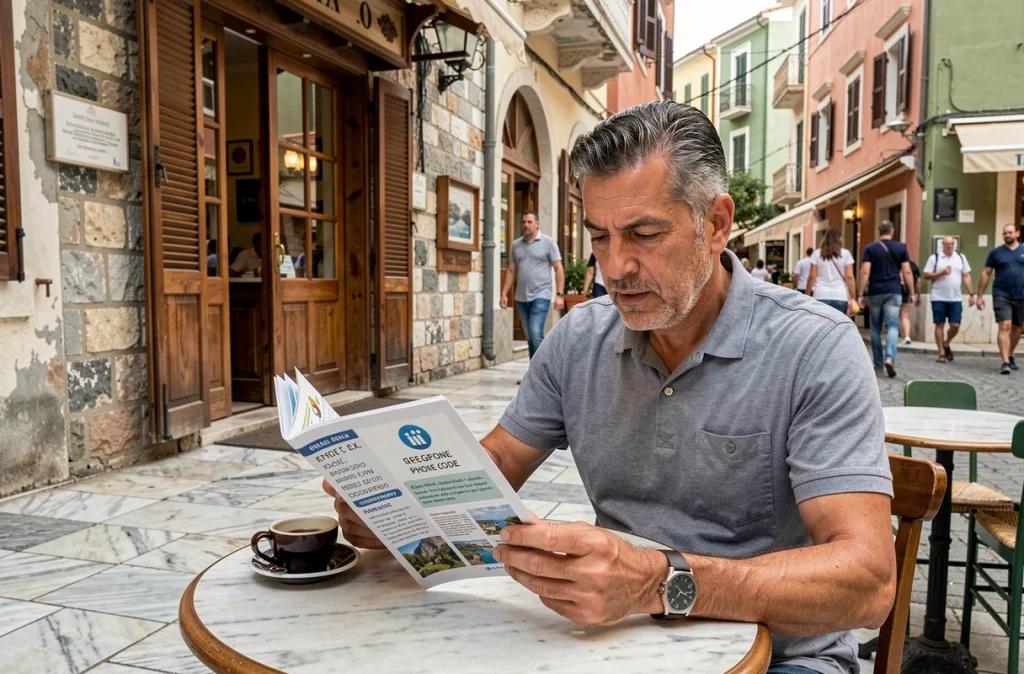 Voyageur consultant un guide de voyage sur l'indicatif téléphonique 30 de la Grèce dans un café en plein air à Athènes