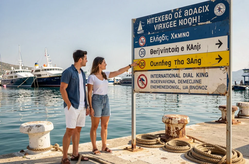 Couple de voyageurs consultant un panneau d'affichage avec l'indicatif international +30 dans un port de ferry en Grèce