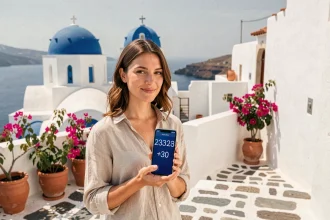 Femme consultant son smartphone affichant l'indicatif téléphonique +30 de la Grèce devant les maisons blanches de Santorin