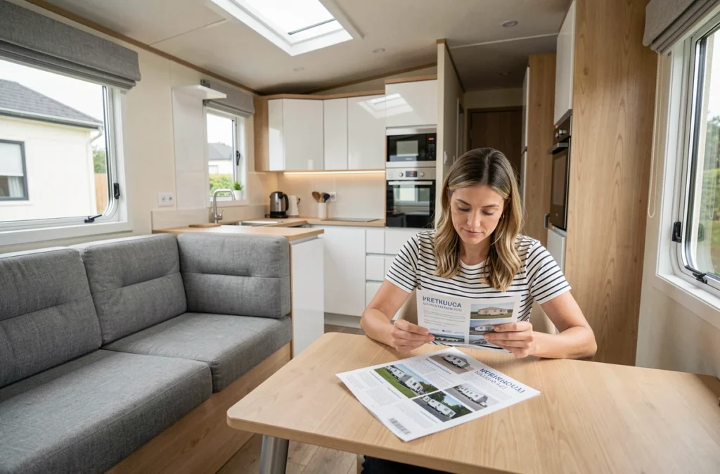 Intérieur lumineux d'un mobil-home haut de gamme avec cuisine ouverte et espace salon confortable