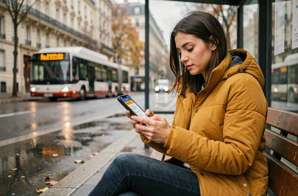 Jeune femme consultant l'application RATP pour les alertes de bus à un arrêt parisien