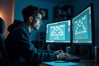 Joueur concentré analysant un arbre de compétences PoE 2 sur double écran pour optimiser un build hardcore