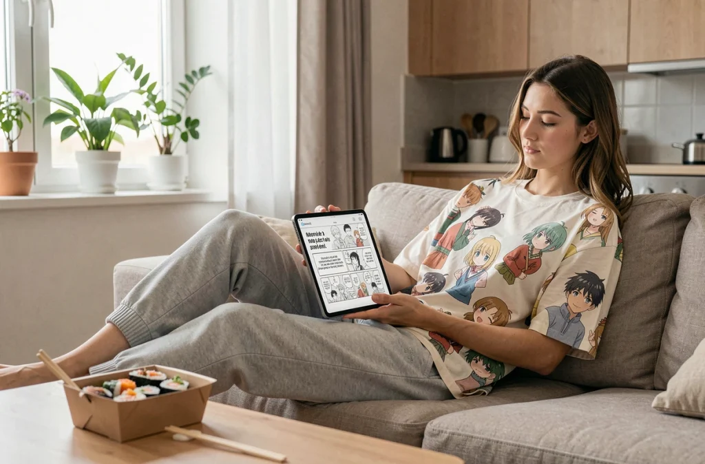 Jeune femme lisant un scan VF de One Piece sur tablette avec une boîte de sushis dans son salon