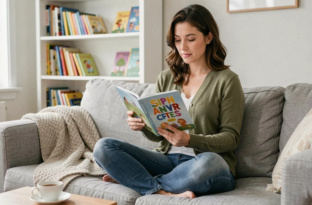 Femme lisant un livre jeunesse auto-publié sur Kindle dans un salon cosy, illustrant le résultat final d'une publication KDP