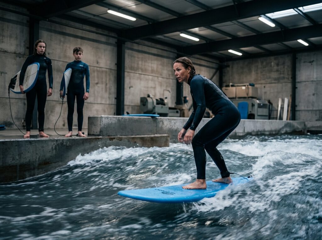 Mère et adolescents en combinaison de surf dans une piscine à vagues urbaine couverte toute l'année
