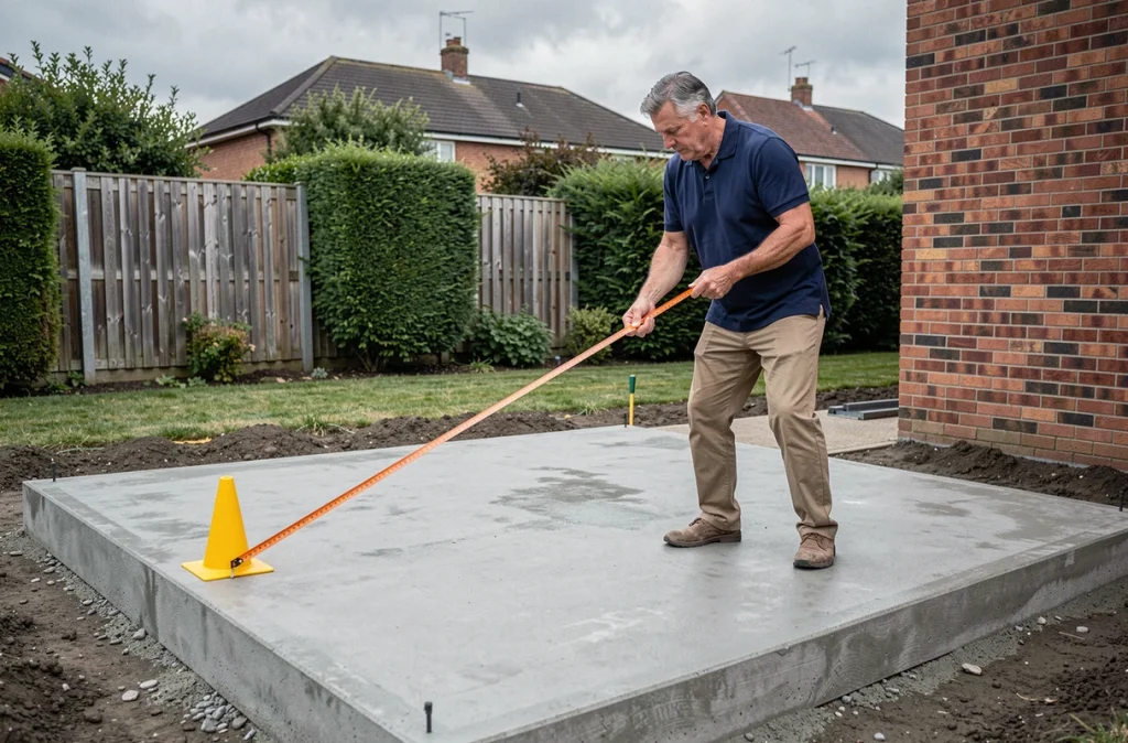 Homme mesurant la diagonale d'une dalle rectangulaire en béton sur un chantier extérieur de construction de maison