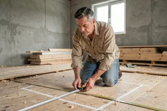 Artisan mesurant la diagonale d'un rectangle sur un chantier de rénovation intérieure avec un mètre ruban métallique