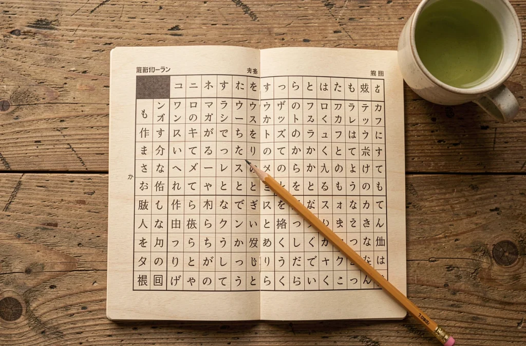 Grille de mots croisés japonaise ouverte sur une table en bois avec un crayon et du thé vert