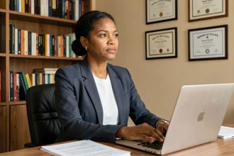 Femme professionnelle d'origine nord-africaine assise à un bureau, évoquant une personnalité médiatique comme Naïma M'Faddel