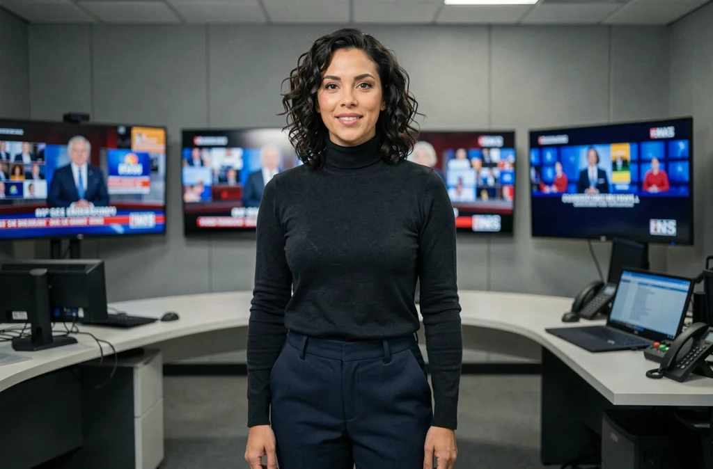 Journaliste femme debout dans un plateau de télévision, rappelant l'univers professionnel de Naïma M'Faddel