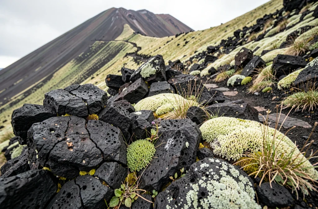 Formation de lave noire et végétation alpine sur les pentes d'un volcan japonais