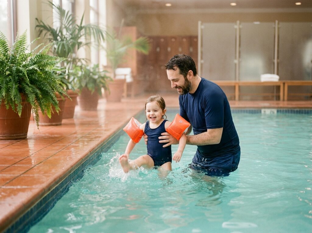 Père accompagnant sa fille en séance d'aquagym dans un centre de bien-être aquatique urbain