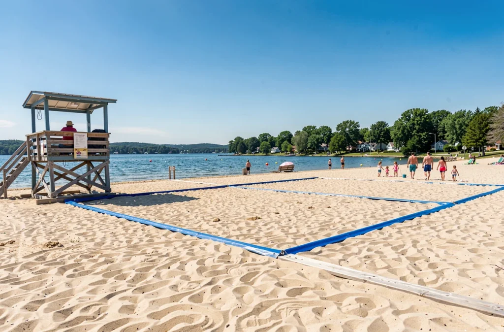Plage surveillée au bord du plan d'eau en été