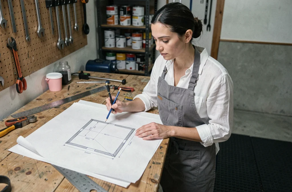 Femme examinant un plan architectural avec le calcul de la diagonale d'une pièce rectangulaire dans un atelier de maison