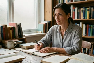 Femme poète cherchant des rimes originales dans son bureau entouré de livres et de cahiers manuscrits