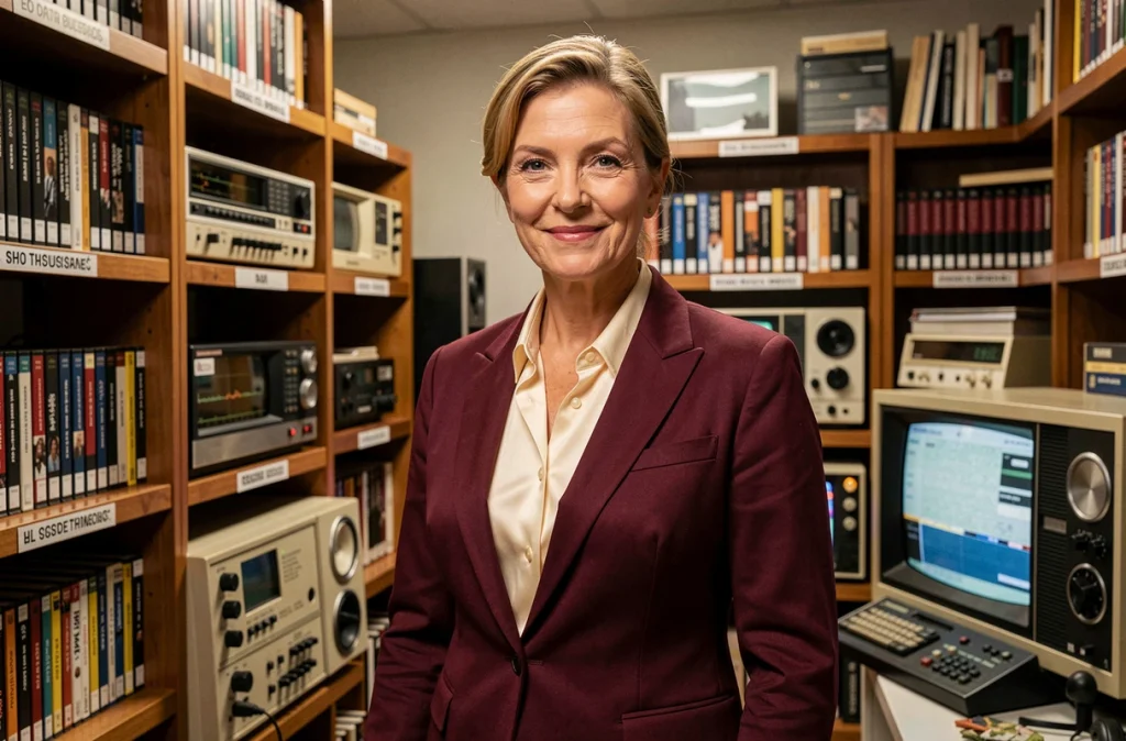 Présentatrice de télévision française posant dans une salle d'archives audiovisuelles rétro, blazer bordeaux, entourée de cassettes VHS et matériel vintage