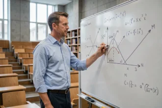 Professeur d'économie expliquant le modèle de Solow et le capital humain devant un tableau blanc couvert d'équations dans un amphithéâtre universitaire