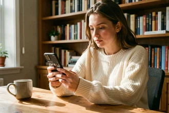 Jeune femme parcourant anonymement des stories Instagram sur son smartphone dans un bureau à domicile chaleureux