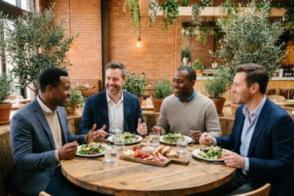 Groupe de professionnels partageant un repas d'affaires convivial dans un restaurant moderne aux murs en brique