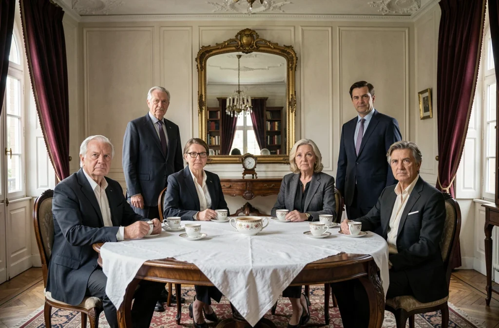 Réunion familiale formelle dans un salon bourgeois français avec adultes autour d'une table en porcelaine, évoquant les dynamiques familiales et les cercles proches du pouvoir politique