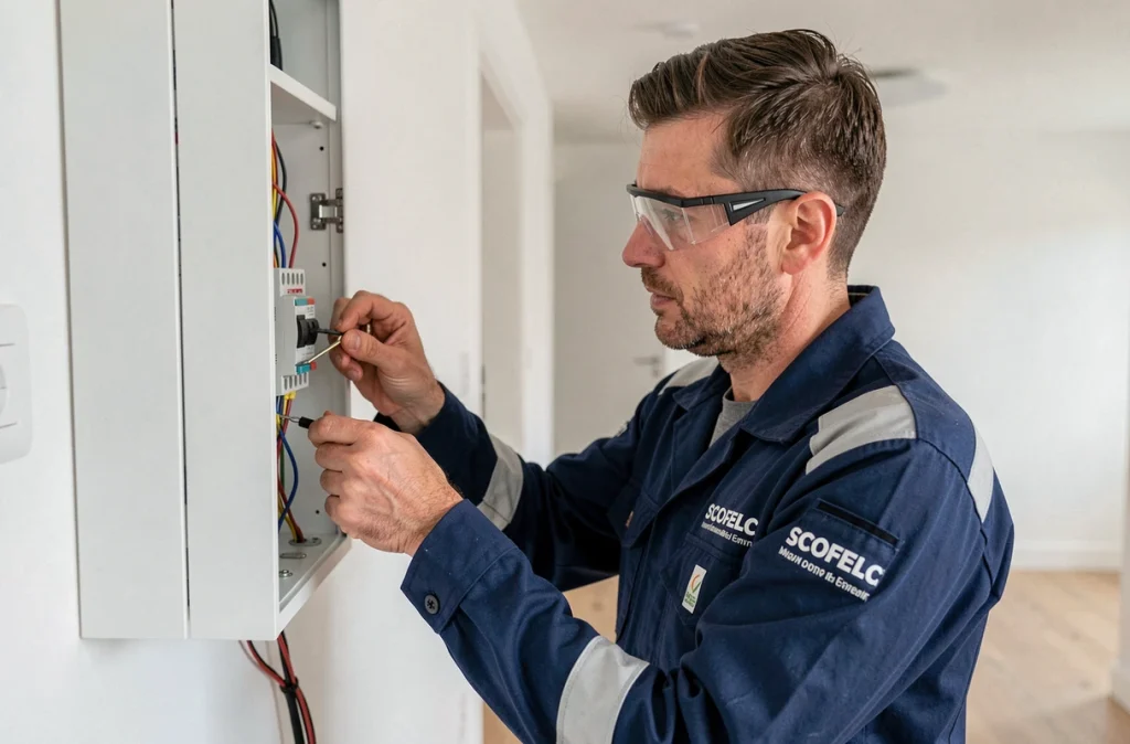 Électricien SCOFELEC câblant un tableau électrique dans un appartement à Montreuil