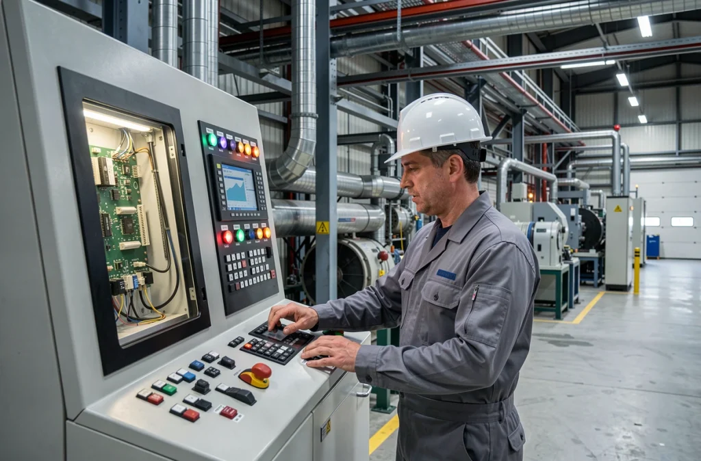 Technicien SINCRA opérant un tableau de contrôle automatisé dans une installation industrielle à Montreuil
