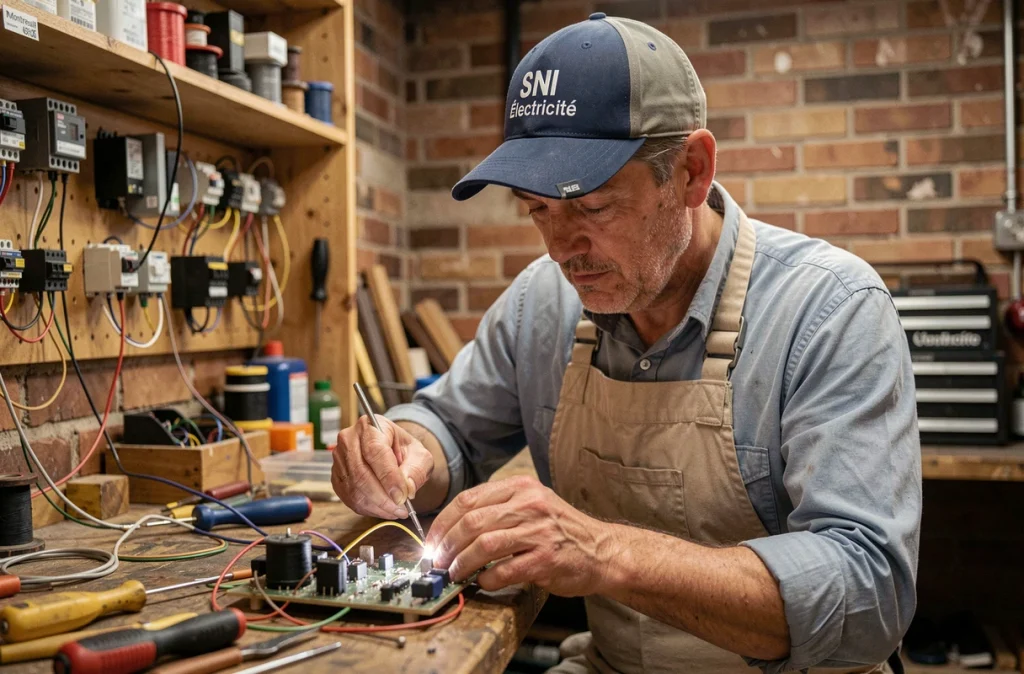Artisan électricien SNI Électricité soudant des câbles dans son atelier à Montreuil