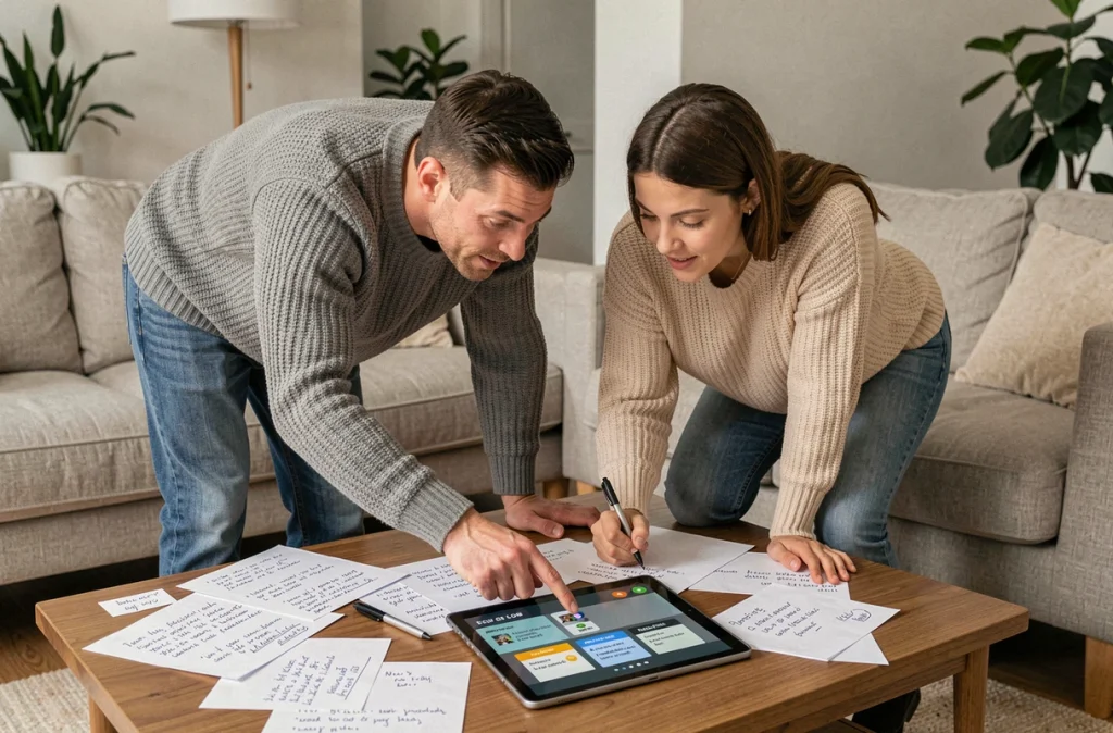 Deux adultes qui cherchent ensemble une soluce pour progresser dans Rooms And Exits sur tablette