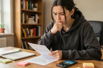 Jeune femme consultant une soluce pour le jeu Rooms And Exits sur smartphone, entourée de notes manuscrites