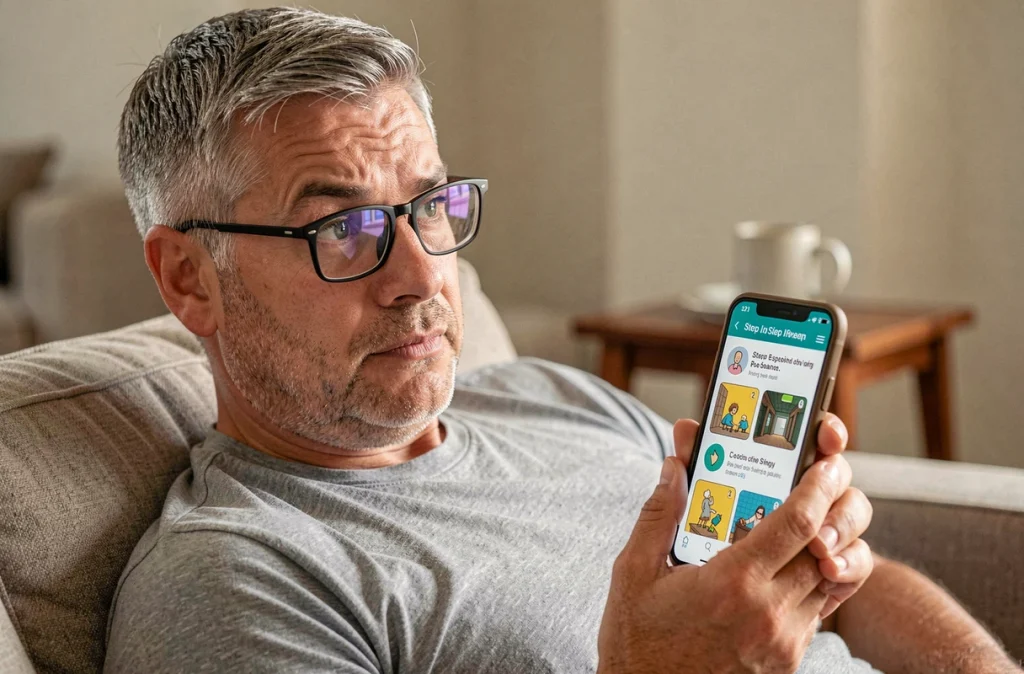 Homme consultant une solution détaillée pour résoudre une énigme dans Rooms And Exits sur son téléphone