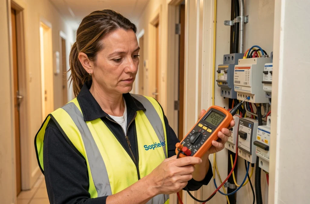 Électricienne Sophelec inspectant une installation électrique résidentielle à Montreuil