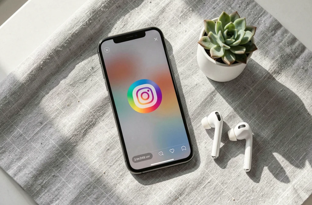 Vue en plongée d'un smartphone affichant une story Instagram anonyme avec icône colorée sur surface en lin gris