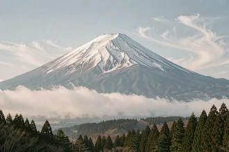 Volcan japonais majestueux avec sommet enneigé émergeant au-dessus des nuages et forêts de cèdres