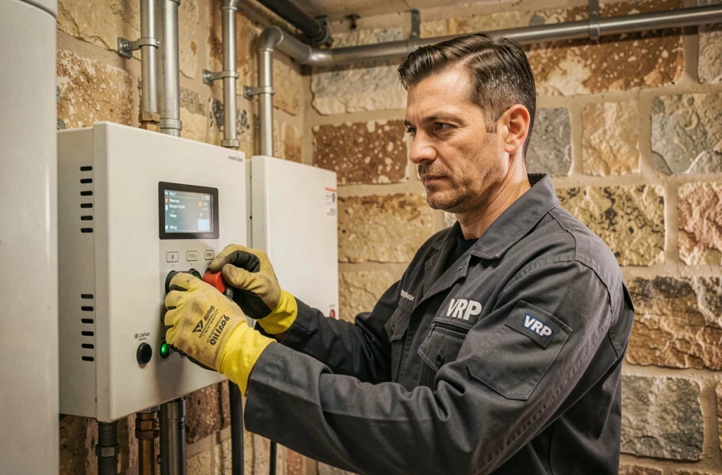 Technicien chauffagiste VRP réglant un panneau de chauffage multi-zones à Avignon